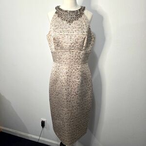 Maggy London Textured Cream Dress with Embellished Neckline